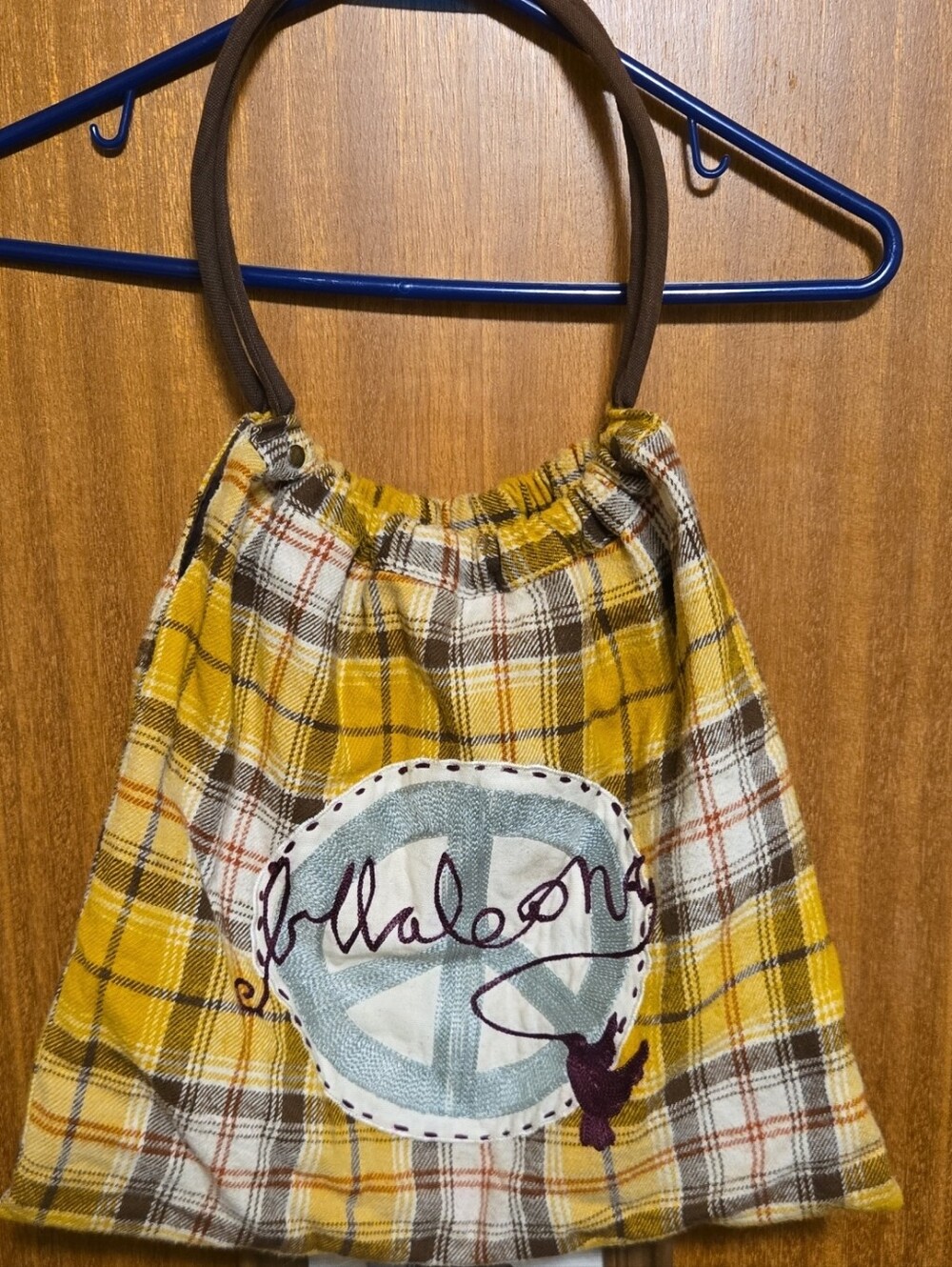 Vintage Billabong Y2K Yellow Plaid Peace Sign Tote Bag Boho Surf